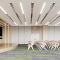 Modern Conference Room With Large Display Podium Linear Ceiling Lights Folding Chairs And Light-Colored Walls