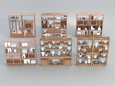 Wooden Curio Display Shelves With Various Antique Items And Designs 3d model