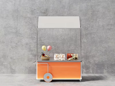 Modern Orange Showcase Shelf With Transparent Display Cover Wheels Holding Ice Cream Snack Boxes 3d model