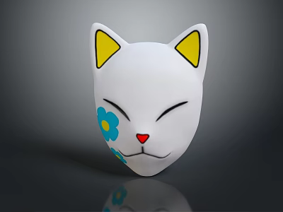 White Cat Face Mask With Yellow Ears Blue Flower And Red Nose Closed Eyes 3d model