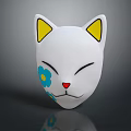 White Cat Face Mask With Yellow Ears Blue Flower And Red Nose Closed Eyes