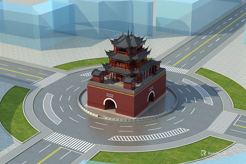 Ancient Chinese Tower with Traditional Roof in Roundabout Center Surrounded by Roads and Greenery 3d model 