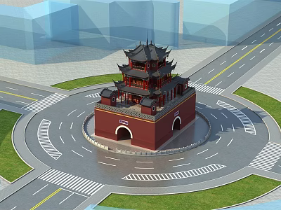 Ancient Chinese Tower with Traditional Roof in Roundabout Center Surrounded by Roads and Greenery 3d model