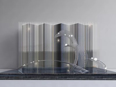 Modern Abstract Metal Sculpture With Curved Lines And Illuminated Water Reflection 3d model