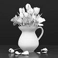 White Vase with Pink Tulip Patterns and Green Handle Holding Fresh Red Pink Tulips