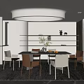 Modern Restaurant Interior Design With Dining Table Chairs And Lighted Decorative Shelves