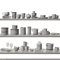 Modern Minimalist Dinnerware Set With Mugs Plates Teapots Bowls Jars And Wine Glasses On Shelves