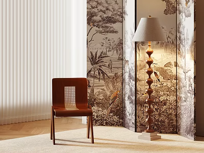 Brown Leather Lounge Chair With Wooden Frame Floor Lamp Tropical Wallpaper And White Curtain 3d model