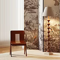 Brown Leather Lounge Chair With Wooden Frame Floor Lamp Tropical Wallpaper And White Curtain