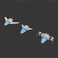 Three Low Poly Style Spaceship Models In White Blue And Orange On Dark Gray Background 3d model