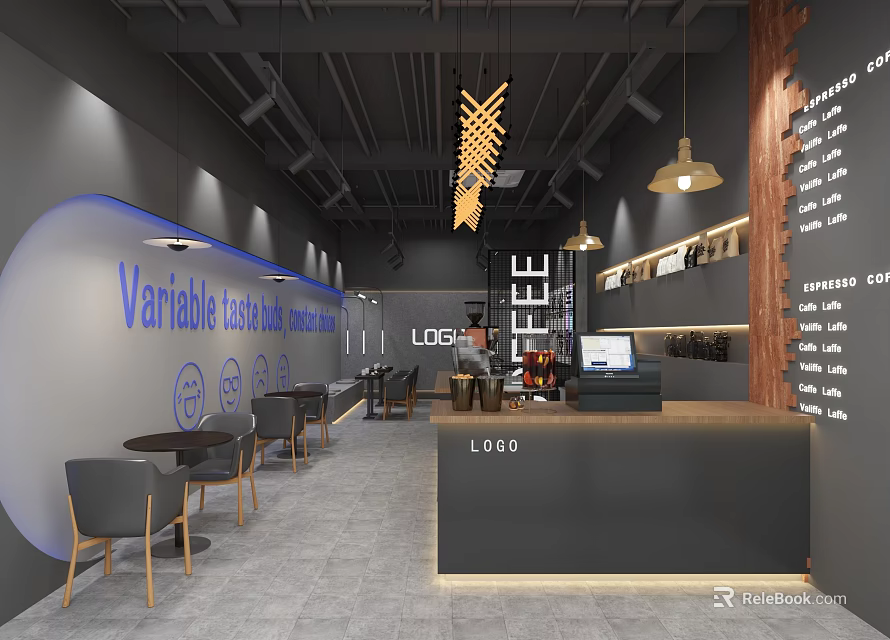 Modern Café Interior Design With Wooden Elements Hanging Lights Counter And Tables 3d model 