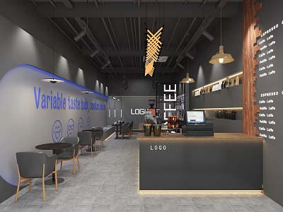 Modern Café Interior Design With Wooden Elements Hanging Lights Counter And Tables 3d model