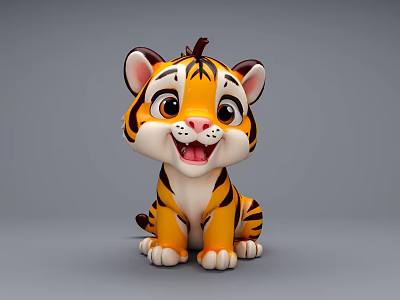 Cute Cartoon Tiger Cub 3D Model With Yellow Black Stripes And Smiling Face 3d model