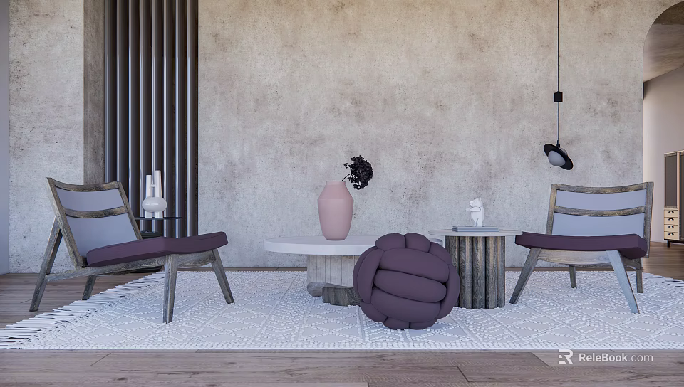 Casual Sofa Set with Wooden Chairs Round Coffee Table and Purple Decor on Textured Rug 3d model 