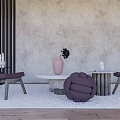 Casual Sofa Set with Wooden Chairs Round Coffee Table and Purple Decor on Textured Rug