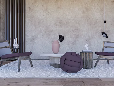 Casual Sofa Set with Wooden Chairs Round Coffee Table and Purple Decor on Textured Rug 3d model