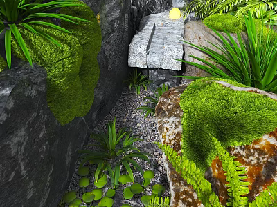 Lush Green Garden With Mossy Rocks Ferns Pebbles And Stone Slab 3d model
