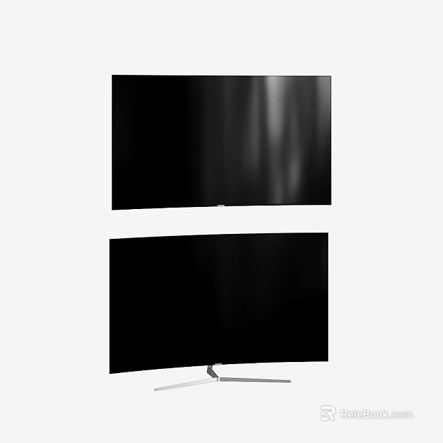 Two Black Flat and Curved TVs with Silver Stand on Curved Screen Model 3d model 