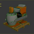 Orange Industrial Mechanical Device With Arm Handling Gray Container On Yellow Pallet