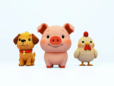 Cute Cartoon Animal Characters Puppy Piglet And Chick On White Background 3d model