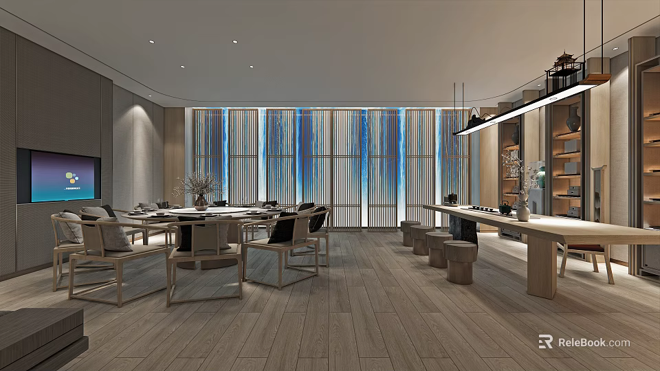 Private Dining Box with Long Table Wooden Chairs Large Windows and Blue White Curtains 3d model 