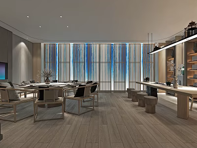 Private Dining Box with Long Table Wooden Chairs Large Windows and Blue White Curtains 3d model