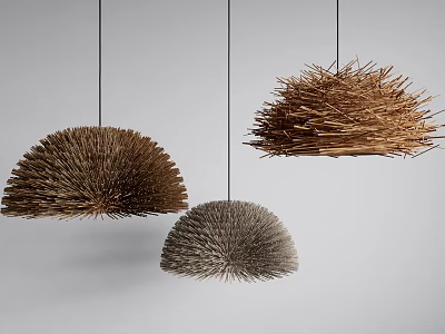 Three Unique Pendant Lights Spiky Design Brown Gray Natural Material Modern Home Decor 3d model
