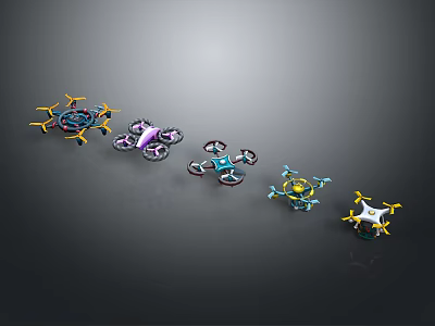 Colorful Drone Aircraft Arranged In Display With Various Designs And Colors 3d model