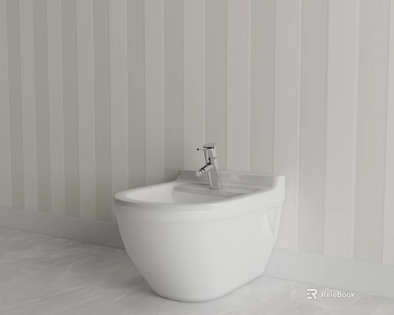 White Freestanding Washbasin With Silver Faucet White Striped Wall And Light Floor 3d model 