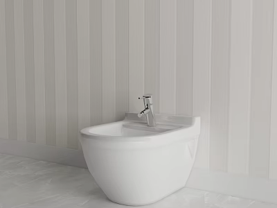 White Freestanding Washbasin With Silver Faucet White Striped Wall And Light Floor 3d model