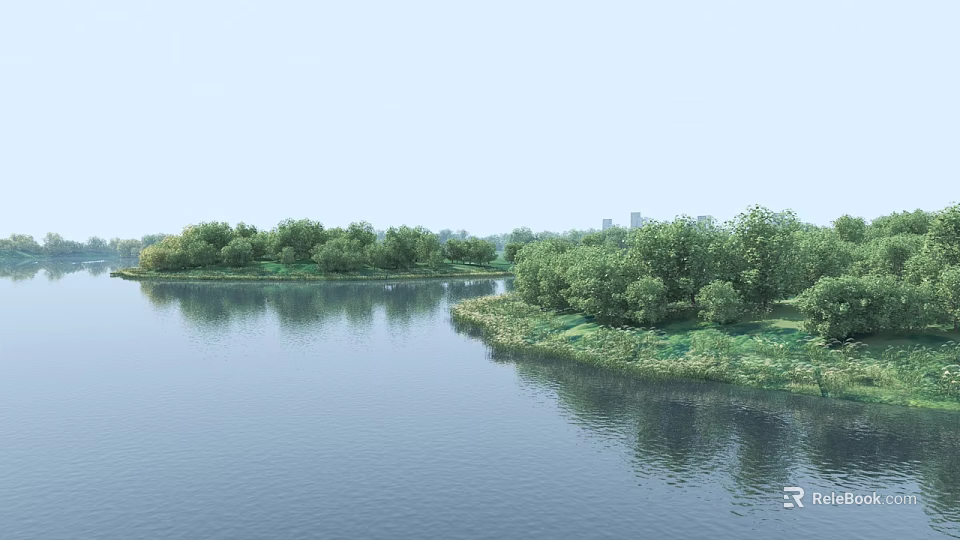 Scenic Park Landscape With Calm Lake Lush Trees Green Grass And Clear Reflections 3d model 