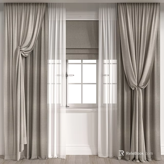 Beige Double Layer Curtains With White Sheer Panels And Tiebacks For Window 3d model