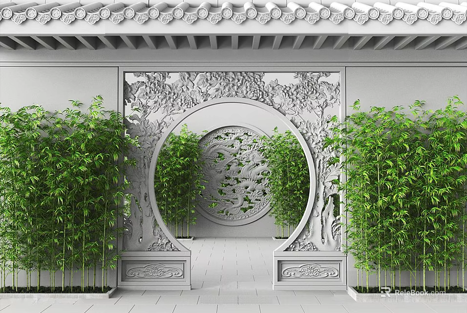 Traditional Chinese Intricately Carved Moon Gate Surrounded by Lush Bamboo Plants 3d model 
