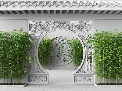 Traditional Chinese Intricately Carved Moon Gate Surrounded by Lush Bamboo Plants 3d model
