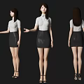 Woman in White Shirt and Black Leather Skirt with High Heels from Front Side Back Views