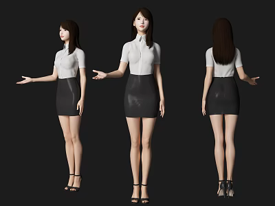 Woman in White Shirt and Black Leather Skirt with High Heels from Front Side Back Views 3d model