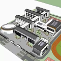 Modern School Building Complex With Classroom Buildings Sports Field Basketball Court And Green Areas