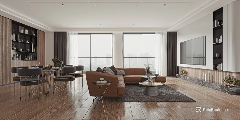 Modern Living Dining Room Interior With Brown Sofa Coffee Table Dining Table And Large Windows 3d model