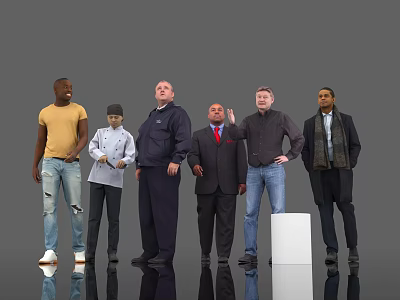 Group of Diverse Men Standing Together in Different Outfits Against Gray Background 3d model