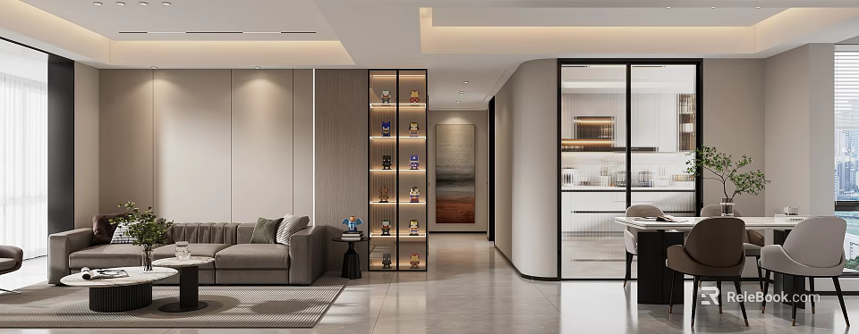 Modern Living and Dining Room Interior Design With Comfortable Sofa Dining Table And Elegant Lighting 3d model