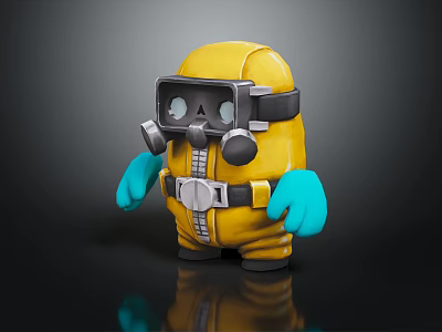 Cartoon Character In Yellow Protective Suit With Gas Mask And Blue Gloves 3d model