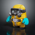 Cartoon Character In Yellow Protective Suit With Gas Mask And Blue Gloves