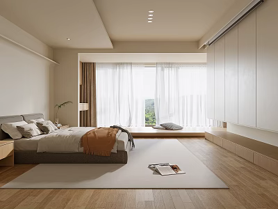 Modern Bedroom Interior Design With Wooden Flooring Large Bed White Curtains And Wardrobe 3d model