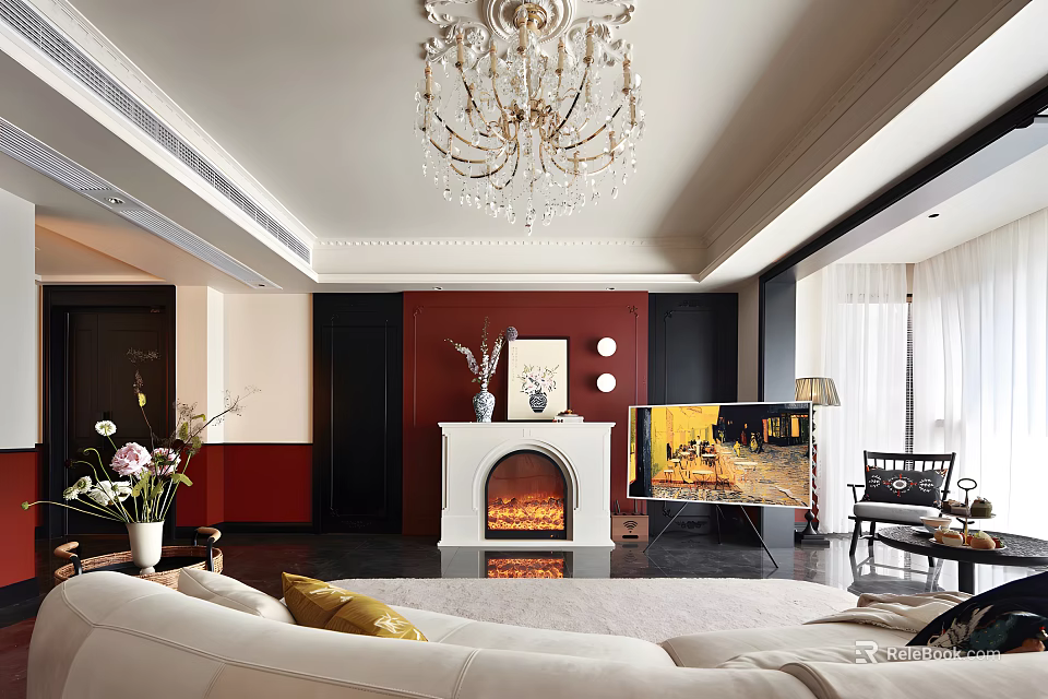 Elegant Living Room Interior Design With Crystal Chandelier Fireplace White Sofa And Painting 3d model 