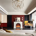 Elegant Living Room Interior Design With Crystal Chandelier Fireplace White Sofa And Painting