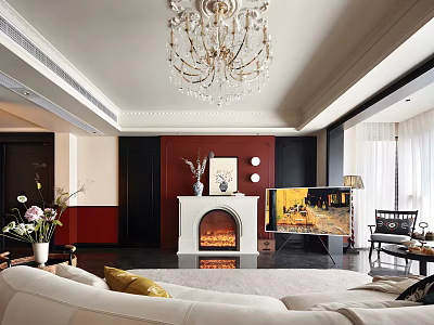 Elegant Living Room Interior Design With Crystal Chandelier Fireplace White Sofa And Painting 3d model