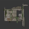 Broken Concrete Building Structure With Exposed Pipes Climbing Vines And Damaged Roof