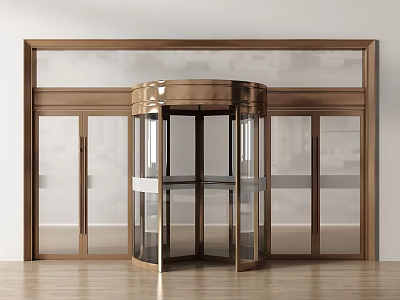 Modern Brass Frame Revolving Door With Glass Panels Surrounding Glass Doors And Wooden Floor 3d model