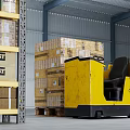 Industrial Metal Storage Racks In Warehouse With Organized Boxes Cans And Forklift