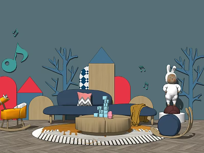 Colorful Kids Room Sofa Coffee Table Set With Stuffed Toy Tree Decorations And Music Notes 3d model